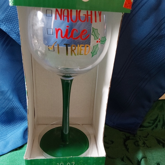Wine Stem Holiday Long Stem Wine Glass, with Naughty, Nice,Tired slogan Red,Gree - Picture 3 of 5